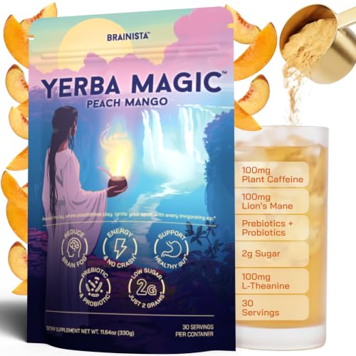 Brainista Yerba Mate Energy Drinks, Yerba Magic, Gut Health, Peach Mango, 30 Servings