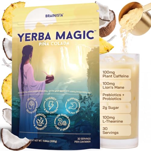 Brainista Yerba Mate Energy Drinks, Yerba Magic, Gut Health, Pina Colada, 30 Servings