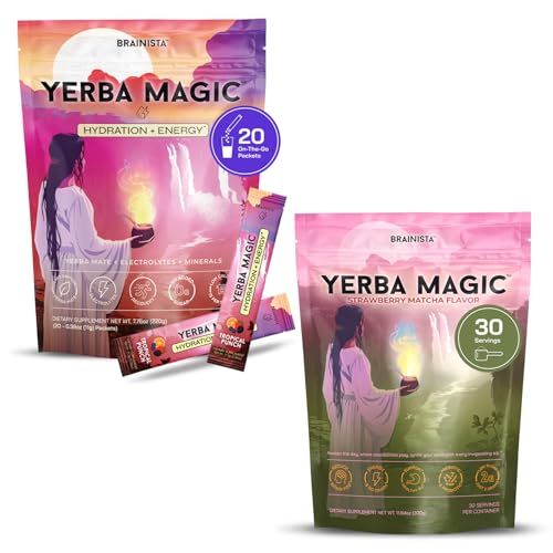 Brainista Yerba Magic Strawberry Matcha Tea & Tropical Punch Hydration Bundle - Clean Energy, Mental Clarity & Gut Wellness - Low Sugar, Natural Caffeine - 50 Servings