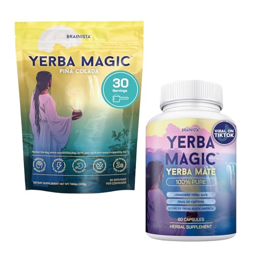 Brainista Yerba Magic Yerba Mate Capsules & Pina Colada Tea Bundle - Clean Energy, Mental Clarity & Gut Wellness - Natural Caffeine, Nootropics, Prebiotics & Probiotics - 90 Servings