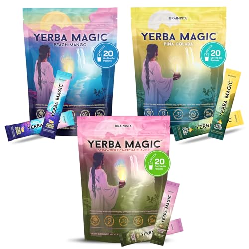 Brainista Yerba Magic Peach Mango, Strawberry Matcha & Pina Colada Stick Pack Yerba Mate Bundle - Clean Energy, Mental Clarity & Gut Wellness - Natural Caffeine, Nootropics, Prebiotics & Probiotics - 60 Serving